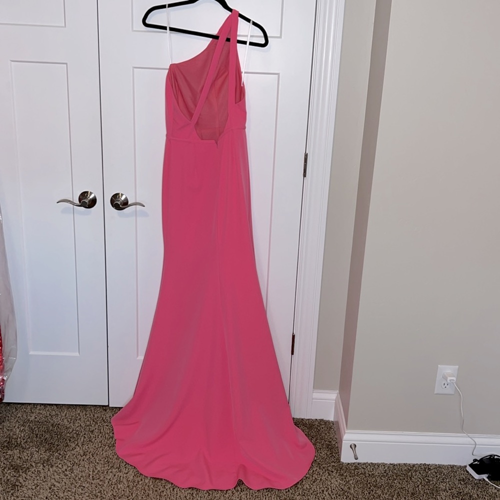 NWOT Ieena for Mac Duggal Pink One Shoulder Open Back Jersey Mermaid Gown 26266 - Picture 4 of 8